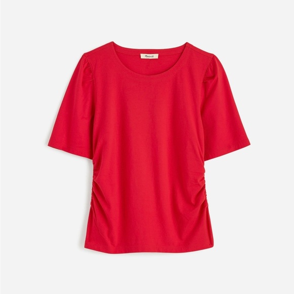 Madewell Side Cinch Puff Sleeve Tee Shirt NWT XS Red 100% Cotton - Picture 5 of 10